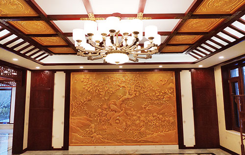 江汉石油管理局中式别墅客厅中式木作横梁吊顶装饰展示