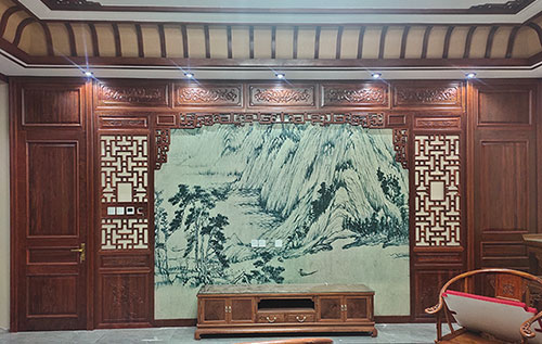 江汉石油管理局中式仿古别墅客厅背景墙花格木作装饰